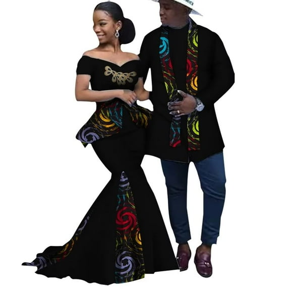 BAZINRICHE African Print Long Patchwork Dresses for Women Men's Top Shirt African Lovers Couple Clothing