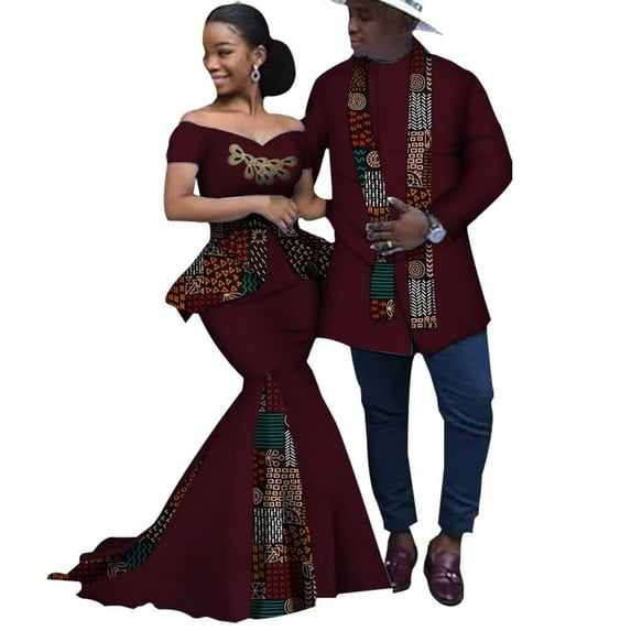 BAZINRICHE African Print Long Patchwork Dresses for Women Men's Top Shirt African Lovers Couple Clothing