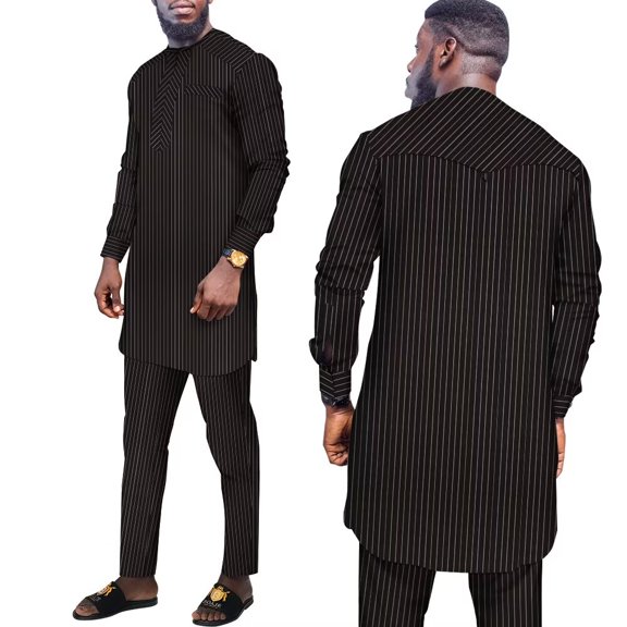BAZINRICHE African Suit for Men 2 PCS Set Traditional Stripe Blazer and Pants Business Formal Dress Suit Party Wedding Evening