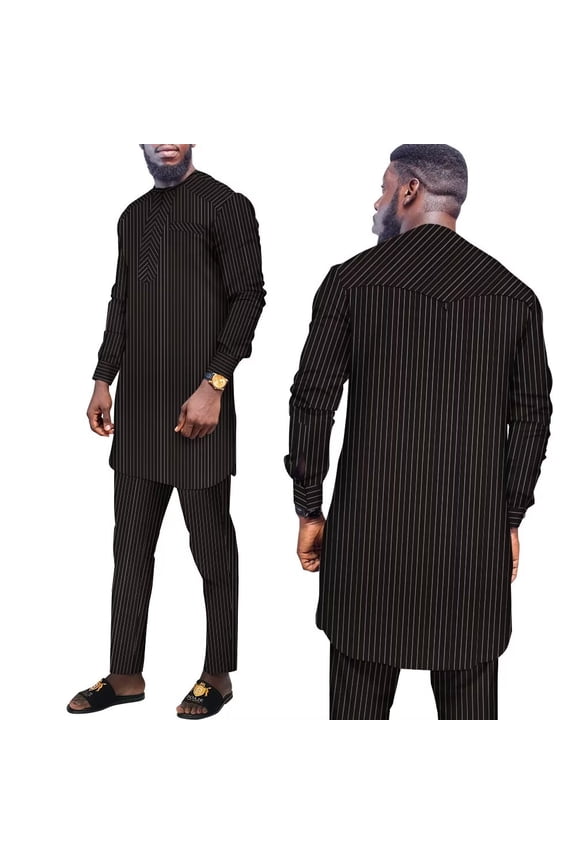 African Suit for Men 2 PCS Set Traditional Stripe Blazer and Pants Business Formal Dress Suit Party Wedding Evening