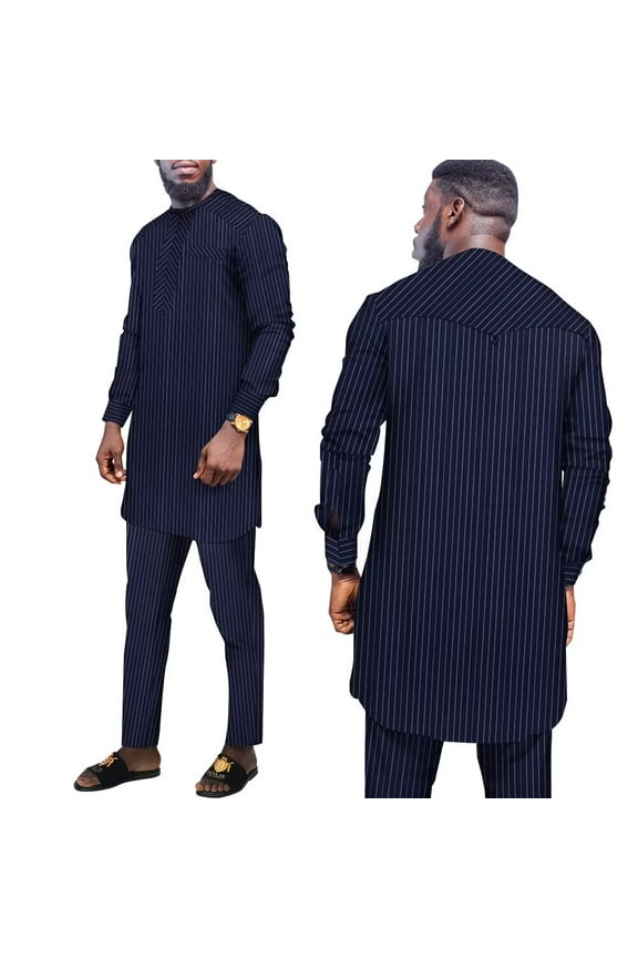 African Suit for Men 2 PCS Set Traditional Stripe Blazer and Pants Business Formal Dress Suit Party Wedding Evening