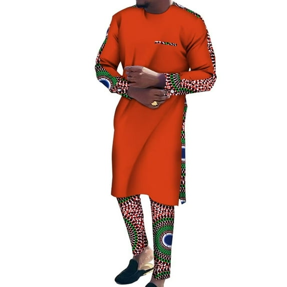 BAZINRICHE African Suits for Men 2 PCS Pants Sets African Mens Clothing Long Top Shirts and Print Trousers Outfits