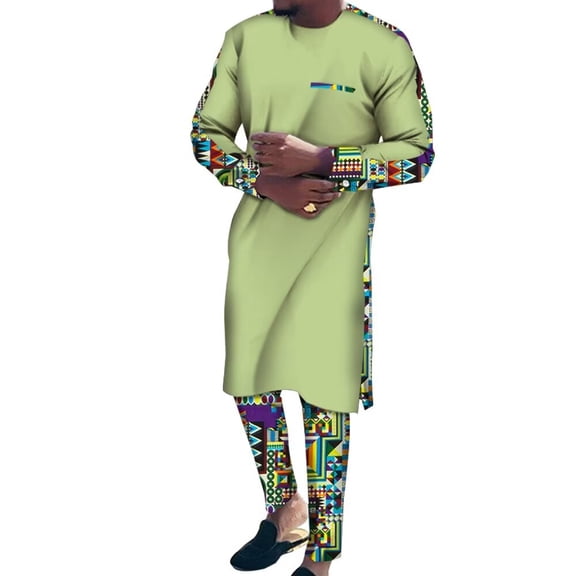 BAZINRICHE African Suits for Men 2 PCS Pants Sets African Mens Clothing Long Top Shirts and Print Trousers Outfits