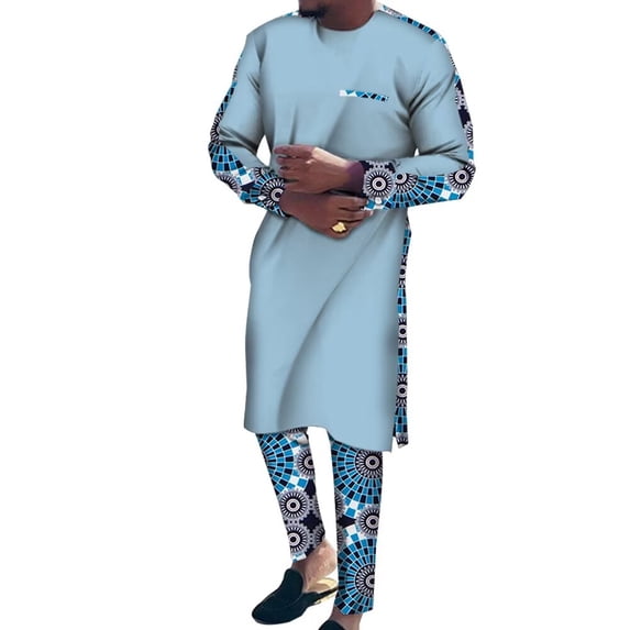 BAZINRICHE African Suits for Men 2 PCS Pants Sets African Mens Clothing Long Top Shirts and Print Trousers Outfits