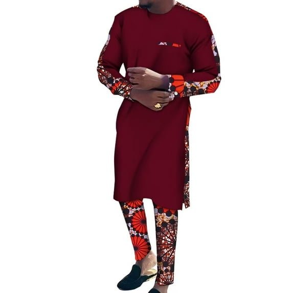 BAZINRICHE African Suits for Men 2 PCS Pants Sets African Mens Clothing Long Top Shirts and Print Trousers Outfits