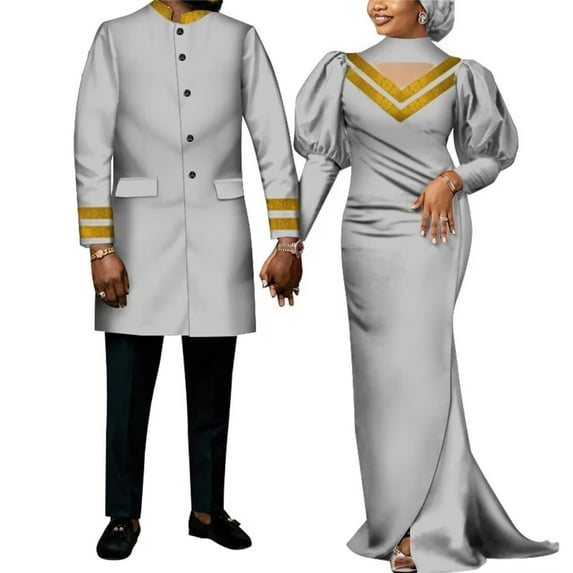 BAZINRICHE African Traditional Couple Clothing Ankara Mens Blazer Coat and Women Maxi Dresses WYQ713