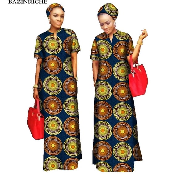 BAZINRICHE African Women Clothing O-neck Cotton Robe Long Dresses Free Head Scarf Lady Maxi Size