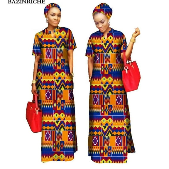 BAZINRICHE African Women Clothing O-neck Cotton Robe Long Dresses Free Head Scarf Lady Maxi Size
