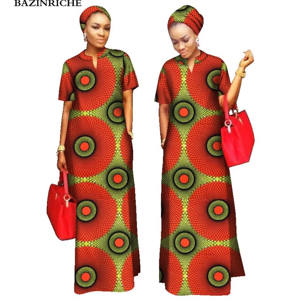 BAZINRICHE African Print Dashiki Dress, O-neck Cotton Robe with Free Head  Scarf, Maxi Size for Women - Walmart.com