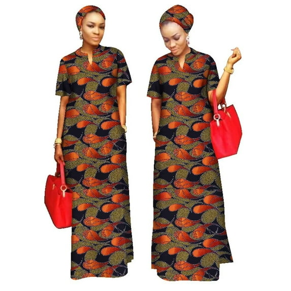 BAZINRICHE African Women Clothing O-neck Cotton Robe Long Dresses Free Head Scarf Lady Maxi Size