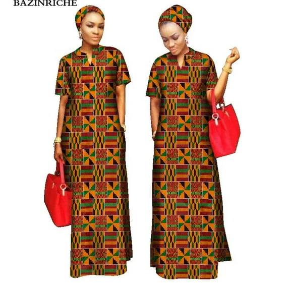 BAZINRICHE African Women Clothing O-neck Cotton Robe Long Dresses Free Head Scarf Lady Maxi Size