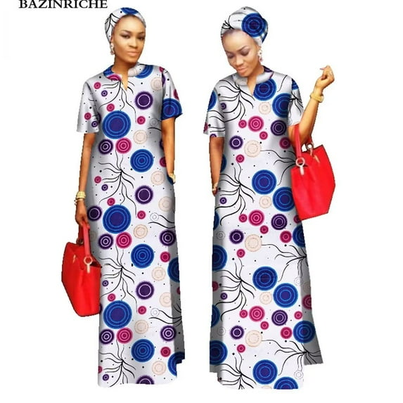 BAZINRICHE African Women Clothing O-neck Cotton Robe Long Dresses Free Head Scarf Lady Maxi Size