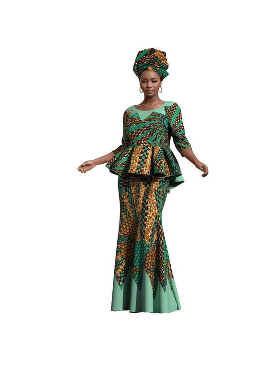 African Women's Sexy Slim Long Dresses with Headscarf African Printed Traditional Evening Gowns