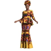 BAZINRICHE African Womens Sexy Slim Long Dresses with Headscarf African Printed Traditional Evening Gowns