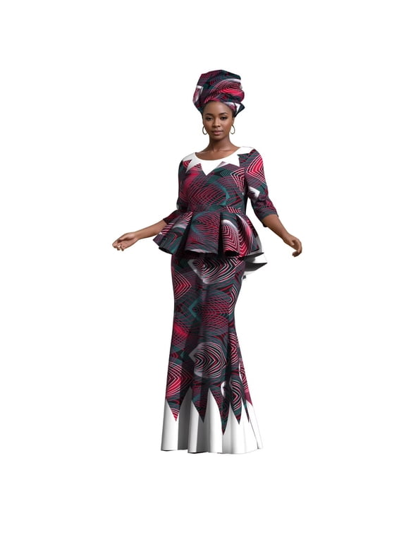 African Women's Sexy Slim Long Dresses with Headscarf African Printed Traditional Evening Gowns