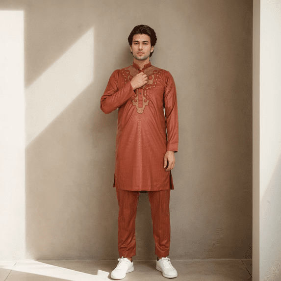 BAZINRICHE Arab Big and Tall African Men's Long Sleeve Thobe Tops Pants Suis set