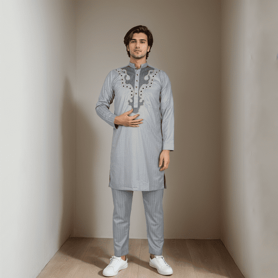 BAZINRICHE Arab Big and Tall African Men's Long Sleeve Thobe Tops Pants Suis set