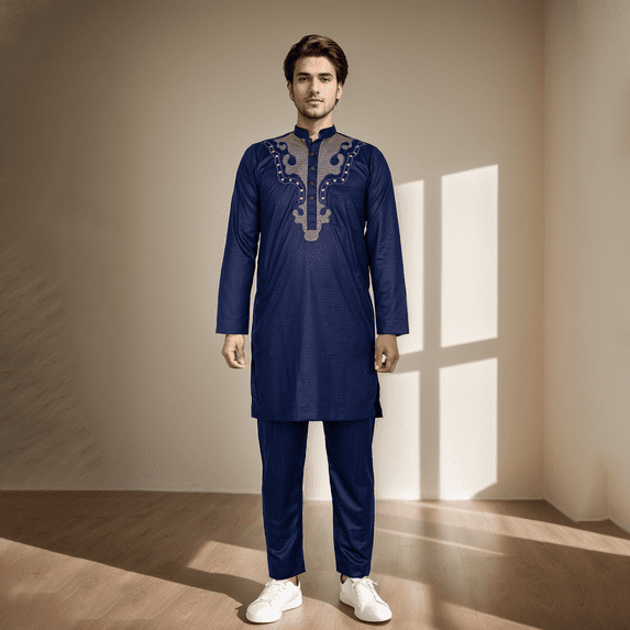 BAZINRICHE Arab Big and Tall African Men's Long Sleeve Thobe Tops Pants Suis set