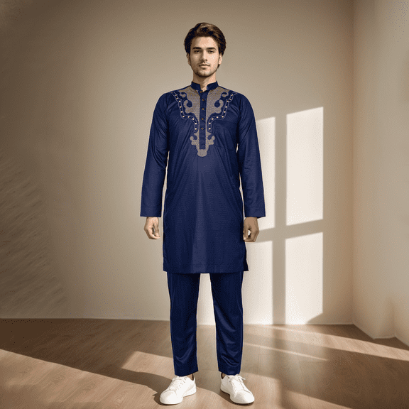 BAZINRICHE Arab Big and Tall African Men's Long Sleeve Thobe Tops Pants Suis set