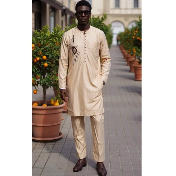 BAZINRICHE Arab Big and Tall African Men's Robe Long Sleeve Thobe Tops Pants Suis set