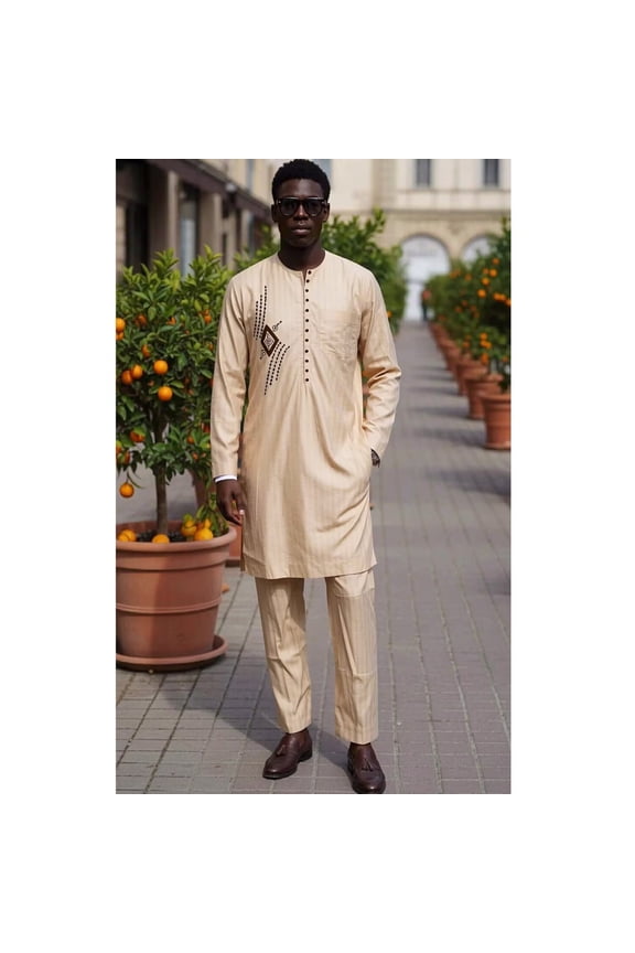 Arab Big and Tall African Men's Robe Long Sleeve Thobe Tops Pants Suis set