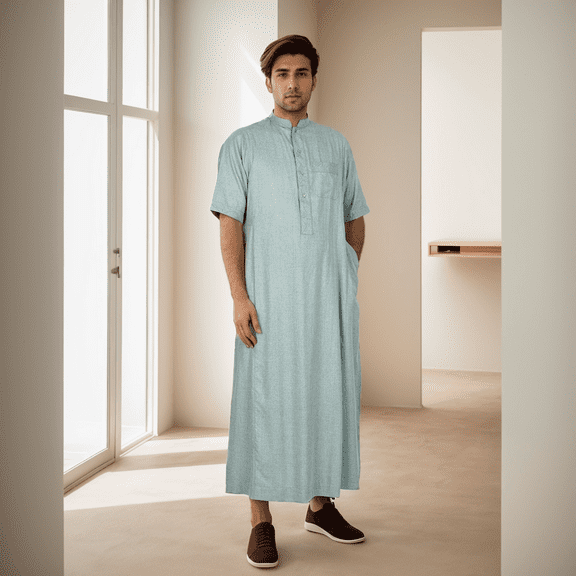 BAZINRICHE Arab Big and Tall Men's Robe Half Sleeve Thobe Tops Caftan Stand Neck