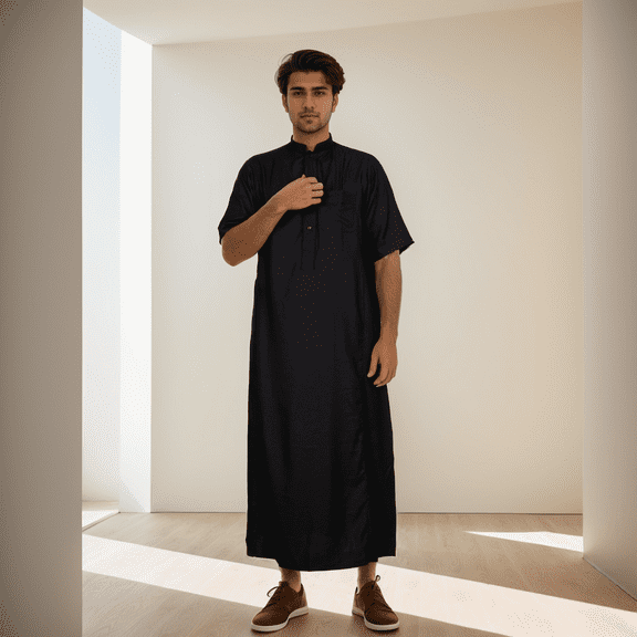 BAZINRICHE Arab Big and Tall Men's Robe Half Sleeve Thobe Tops Caftan Stand Neck