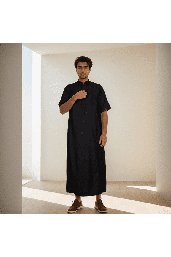 Arab Big and Tall Men's Robe Half Sleeve Thobe Tops Caftan Stand Neck