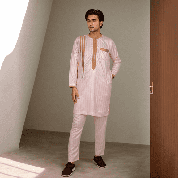 BAZINRICHE Arab Big and Tall Men's Robe Long Sleeve Thobe Tops Pants Suis set