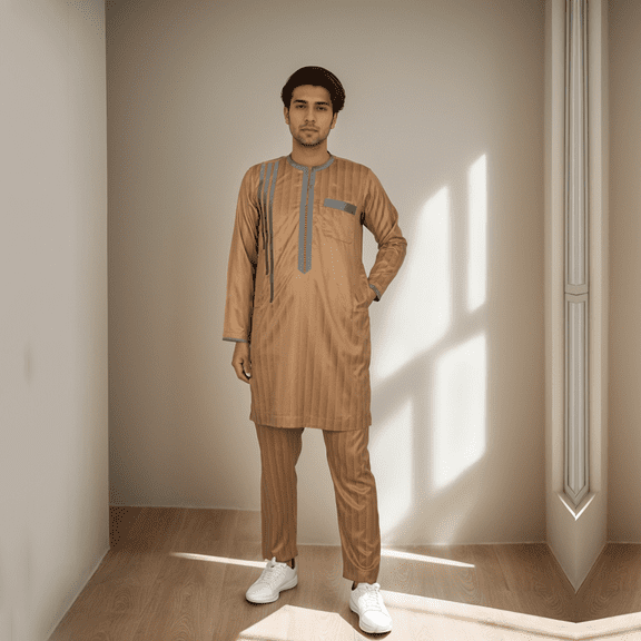 BAZINRICHE Arab Big and Tall Men's Robe Long Sleeve Thobe Tops Pants Suis set