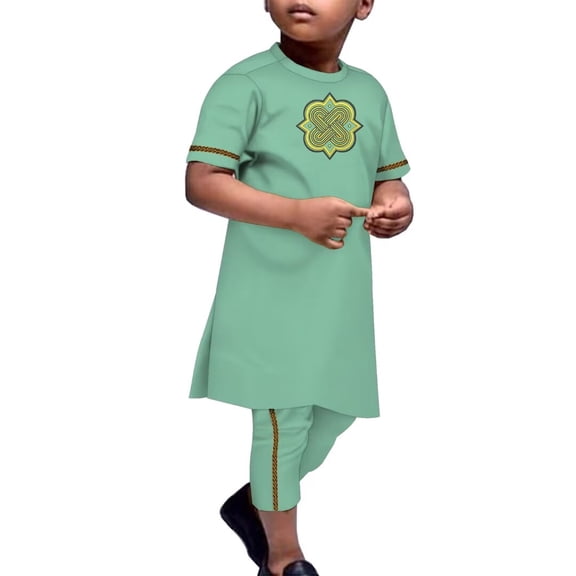 BAZINRICHE Dashiki African Child 2 Piece Sets Party Short Sleeve Shirt and Troursers set African Boy Outfits