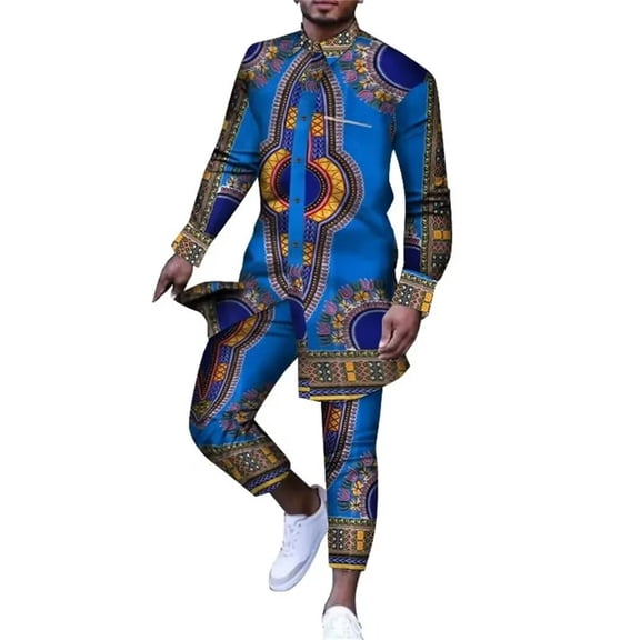 BAZINRICHE Men Outfit African Clothes Ankara Print Dashiki Suit for Men Casual Top Shirts Trousers Pant 2 Pcs Set