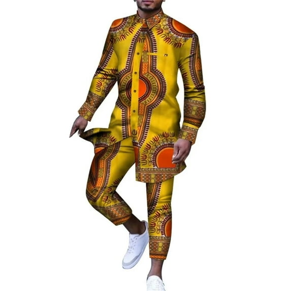 BAZINRICHE Men Outfit African Clothes Ankara Print Dashiki Suit for Men Casual Top Shirts Trousers Pant 2 Pcs Set