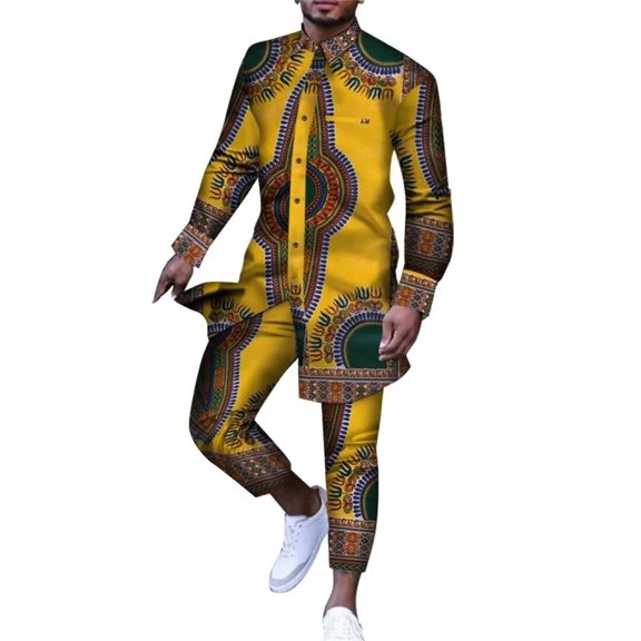 BAZINRICHE Men Outfit African Clothes Ankara Print Dashiki Suit for Men Casual Top Shirts Trousers Pant 2 Pcs Set