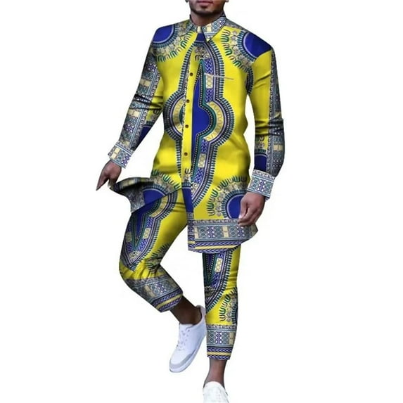 BAZINRICHE Men Outfit African Clothes Ankara Print Dashiki Suit for Men Casual Top Shirts Trousers Pant 2 Pcs Set