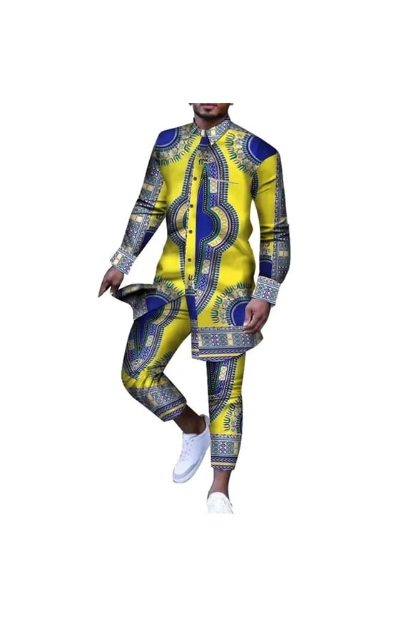 Men Outfit African Clothes Ankara Print Dashiki Suit for Men Casual Top Shirts Trousers Pant 2 Pcs Set