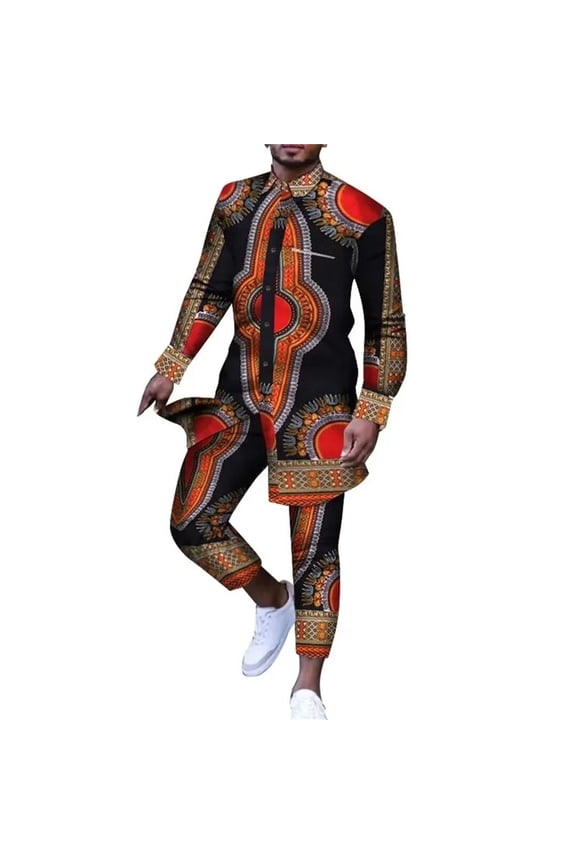 Men Outfit African Clothes Ankara Print Dashiki Suit for Men Casual Top Shirts Trousers Pant 2 Pcs Set