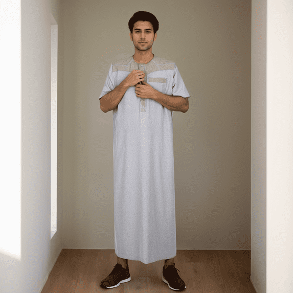 BAZINRICHE Men's Causal Kaftan Robe Short Sleeve Thobe Saudi Arabic Thobe for Men Round Neck