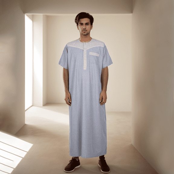 BAZINRICHE Men's Causal Kaftan Robe Short Sleeve Thobe Saudi Arabic Thobe for Men Round Neck