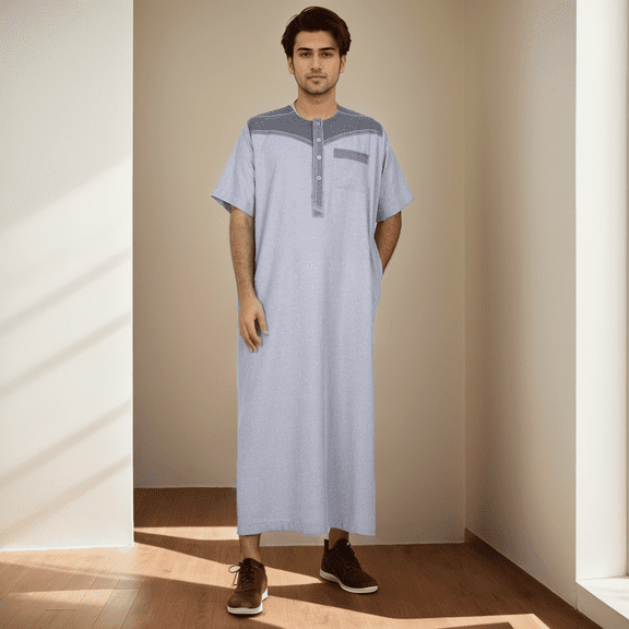 BAZINRICHE Men's Causal Kaftan Robe Short Sleeve Thobe Saudi Arabic Thobe for Men Round Neck