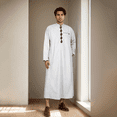 thumbnail image 1 of BAZINRICHE Men's Kaftan Robe Long Sleeve Thobe Down Henley Casual Muslim Arabic Thobe with Pockets, 1 of 5