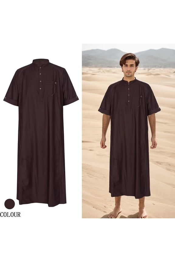 Men's Kaftan Robe Short Sleeve Thobe Saudi Arabic Thobe with Pockets for Men