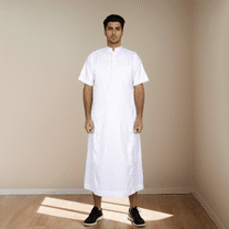 BAZINRICHE Men's White Kaftan Robe Short Sleeve Thobe Saudi Arabic Thobe with Pockets for Men