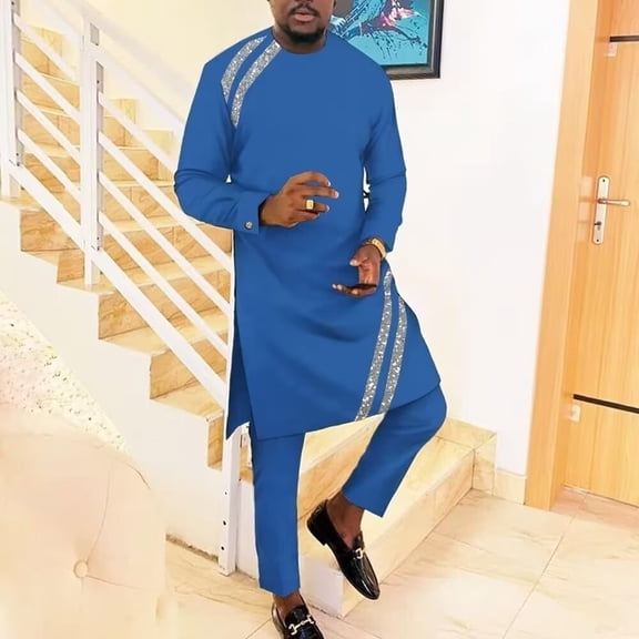 BAZINRICHE Traditonal Clothes for Men Two Piece Sets Dashiki Outfits Patchwork Sequin Caftans for Men African Attire Set