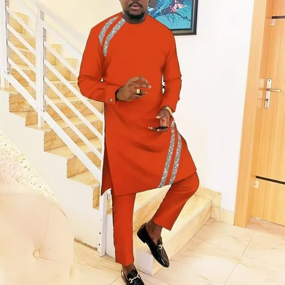 BAZINRICHE Traditonal Clothes for Men Two Piece Sets Dashiki Outfits Patchwork Sequin Caftans for Men African Attire Set