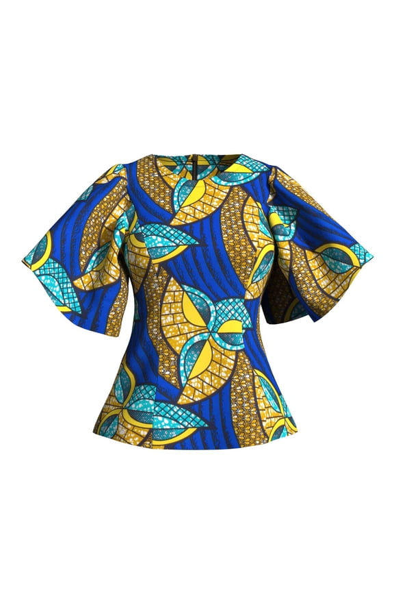 Women Kente Ankara Print Blouse African Loose Tunic Tops Shirt Flare Sleeve