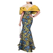 BAZINRICHE Womens African Print Dress Floor Length Short Puff Sleeved Mermaid Dresses Evening Long Dress