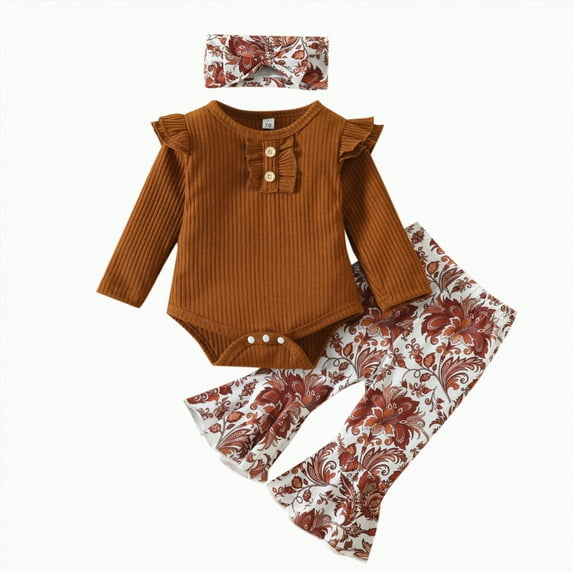 BAnala Baby Girl Outfits Toddler Girls Clothes Girls Clothing Sets Rib Knit Shirts + Stylish Wide Leg Pants + Headband Cute 3pcs Fall Clothes Outfits Brown,6-9 Months