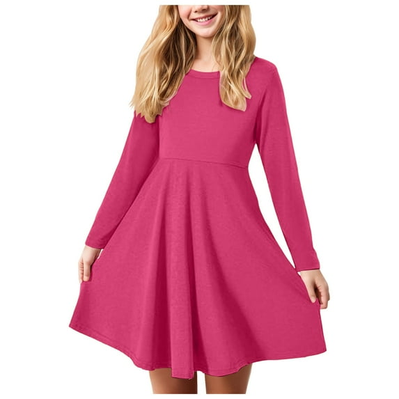 BAnala Girls Long Sleeve T Shirt Dresses Kids Fall A Line Skater Dresses 3 to 18 Years (Hot Pink,13-14 Years)