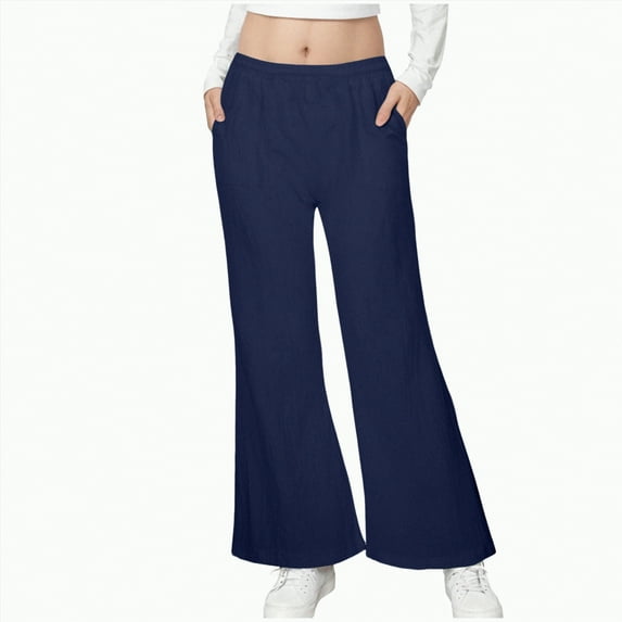 BAnala Girls Wide Leg Uniform Pants Girls Wide Leg Pants Casual Flowy Elastic Waist Palazzo Harem Trousers with Pockets Dark Blue,7-8 Years